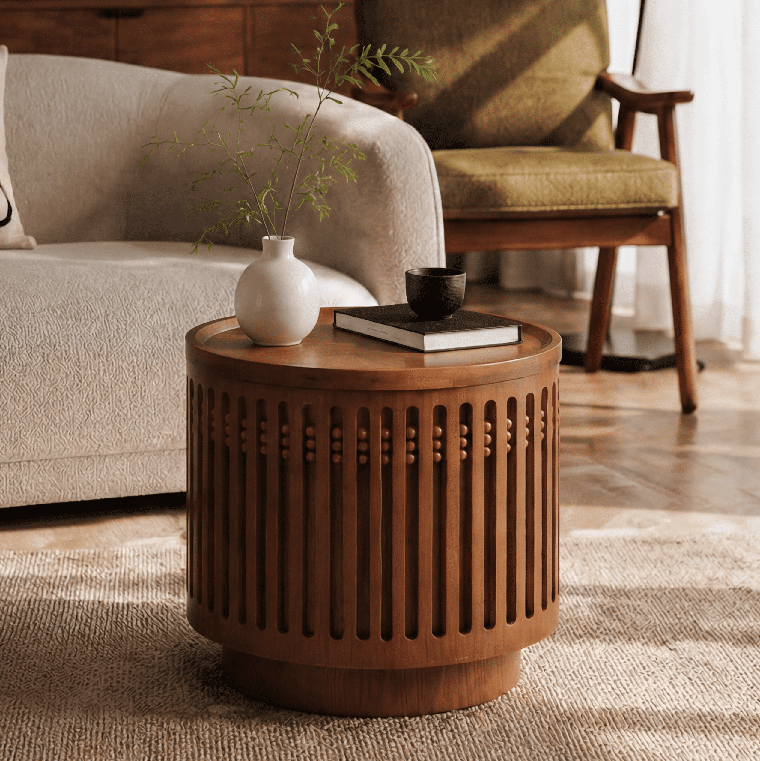 18.9" Round Walnut MDF Side Table Cylinder Lattice End Table Boho Accent Coffee Table with Flip Hidden Storage for Living Room Bedroom