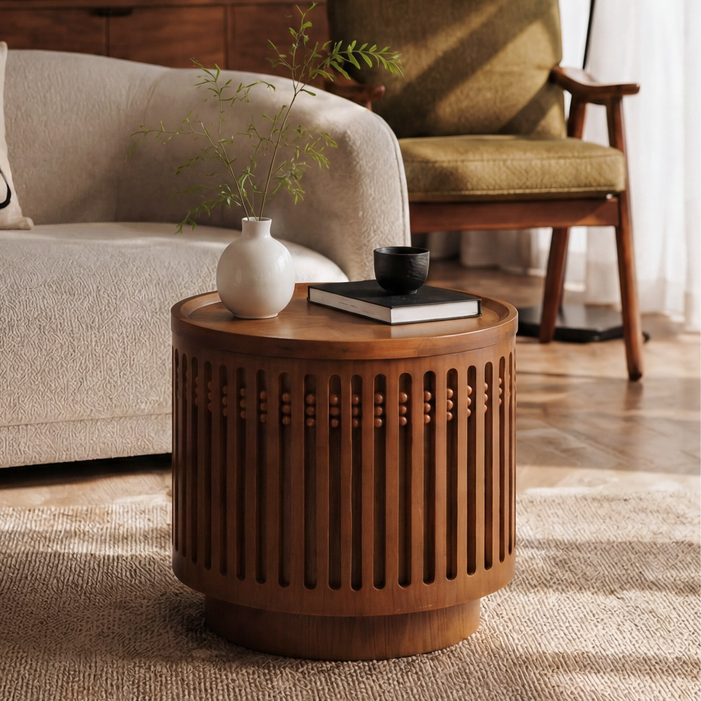 18.9" Round Wooden Side Table, Cylinder Lattice Design End Table,Coffee Table with Grille Solid Wood Effect, Boho Accent Table with Hidden Storage Option,for Living Room,Bedroom