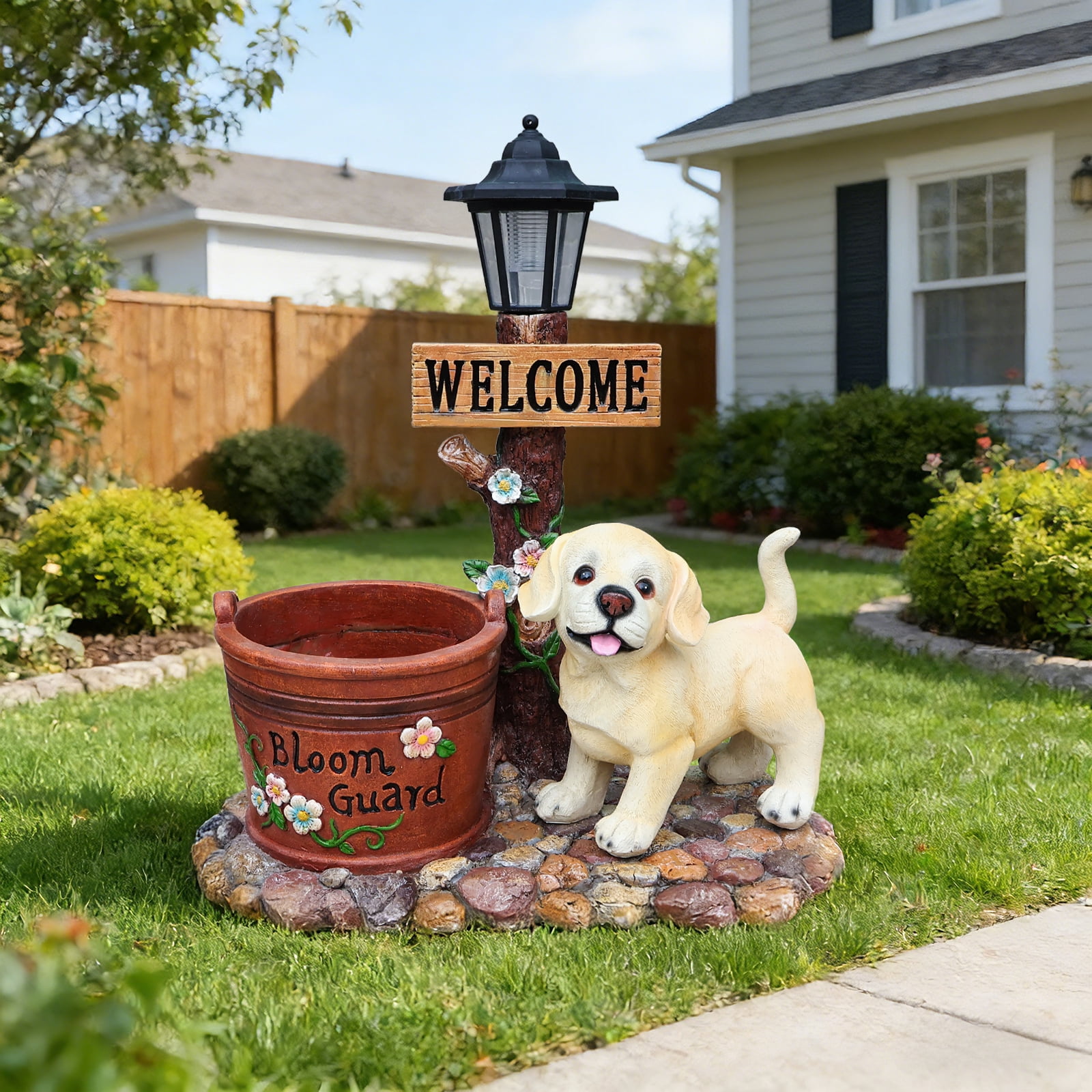 18.9'' Solar Labrador Puppy Solar Planter Garden Statue with LED Light,Outdoor Decorative Animal Figurines,8-10 Hour Working Time,Floral Basket Design,Lawn Yard Decor,Brown
