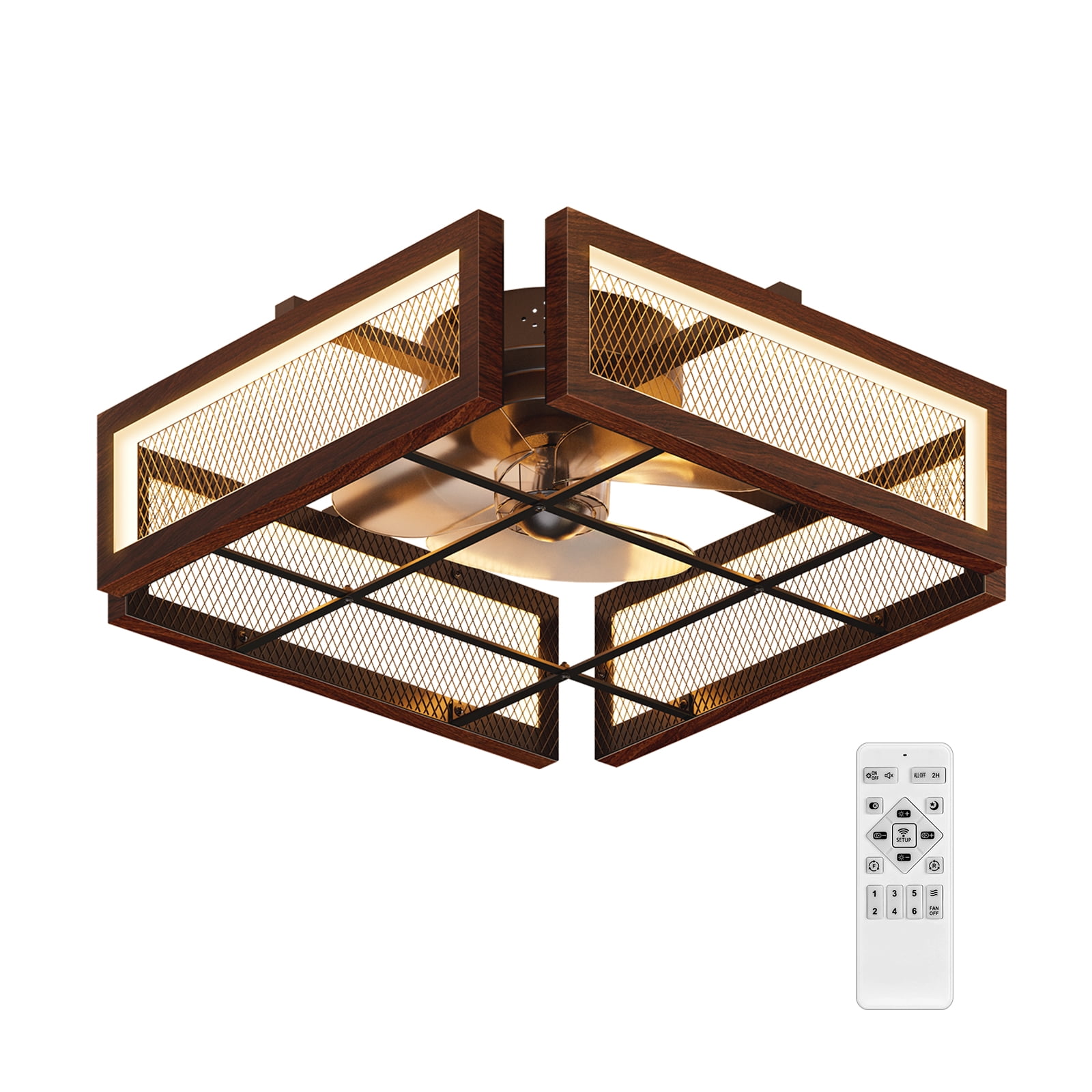 18.9”Wood Grain Brown Square Ceiling Fan with LED Light and Remote Control