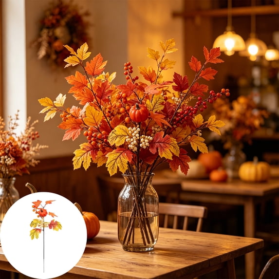 18.9in Fall Artificial Sunflower Maple Leaf Pumpkin Floral Pick, Mixed Berry Autumn Faux Flower Stem, Halloween Thanksgiving Decor, Indoor Outdoor Vase Mantel Porch Table Table Centerpiece Supplies