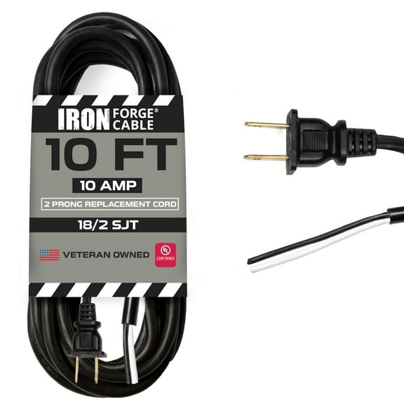 Iron Forge Cable 10 Amp Power Cord Replacement Two Prong Polarized Plug with Open End - 10 ft Black Extension Cable, 18 Gauge - 2 Wire 14/2 SJT