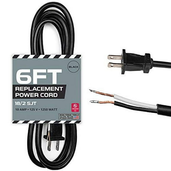 Iron Forge Cable 10 Amp Power Cord Replacement Two Prong Polarized Plug with Open End - 6 ft Black Extension Cable, 18 Gauge - 2 Wire 18/2 SJT