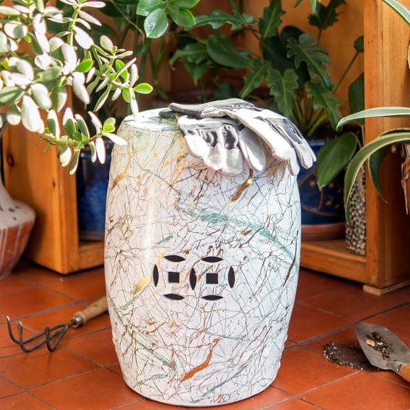 18" Abstract Green & Gold Garden Stool