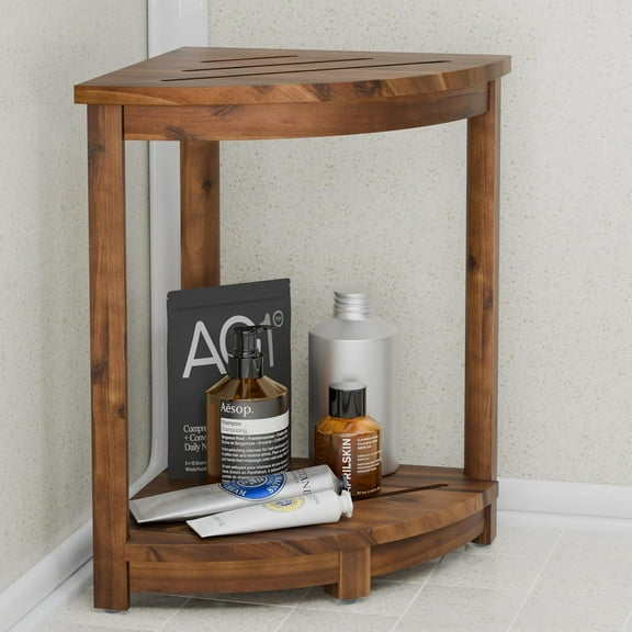 18" Acacia Wood Corner Shower Bench, Corner Shower Stool, Bath Stool with Lower Shelf - Wooden Shower Stool for Inside Shower - Shower Foot Rest, Shower Stands for Inside Shower (Walnut Color)