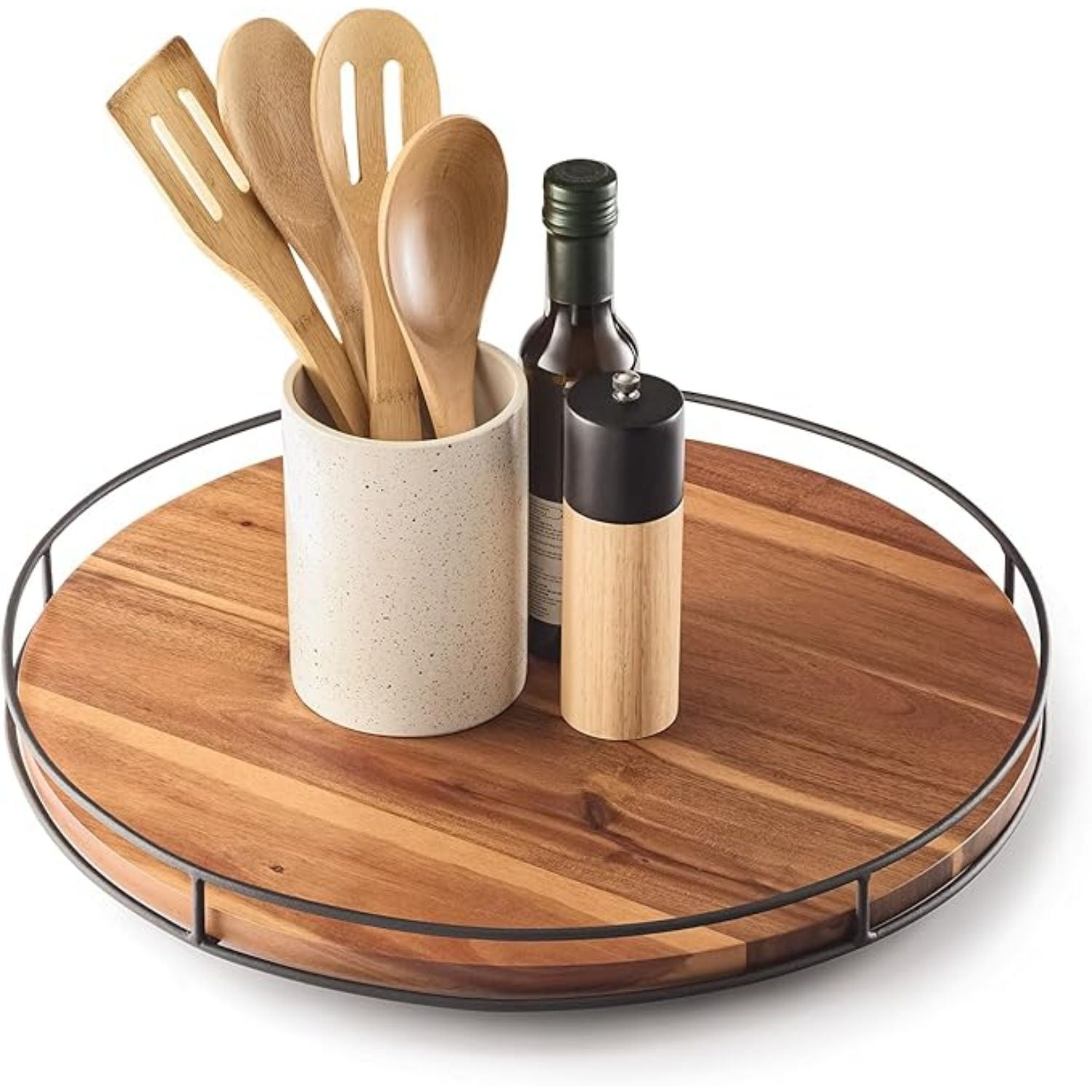 18" Acacia Wood Lazy Susan Turntable with Metal Frame - Large Brown ...