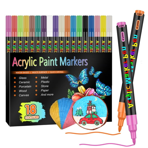 18 Acrylic Paint Markers Set, 1MM Fine Tip, Water- Based Ink, Paint Pens for Rock Painting, Stone, Ceramic, Glass, Wood, Canvas, for Kids, Adlut and Beginner Coloring Books, Drawing Painting, Writing