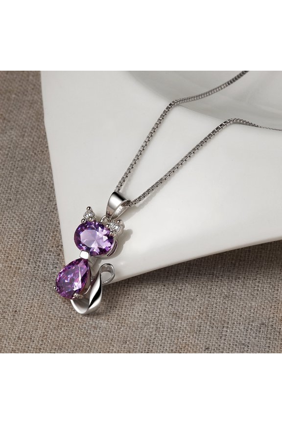 18" Amethyst Cat Pendant Necklace for Women, Silver-Tone Purple Crystal Animal Jewelry with Gift Box & Greeting Card