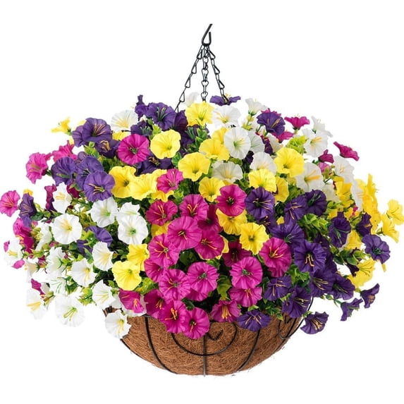 18" Artificial Flower Hanging Home Decorations, Spring Hanging Flowers Plants Basket For Outdoor Outside Decor, Faux Flower Look Real For Porch Home Patio Garden Decoration
