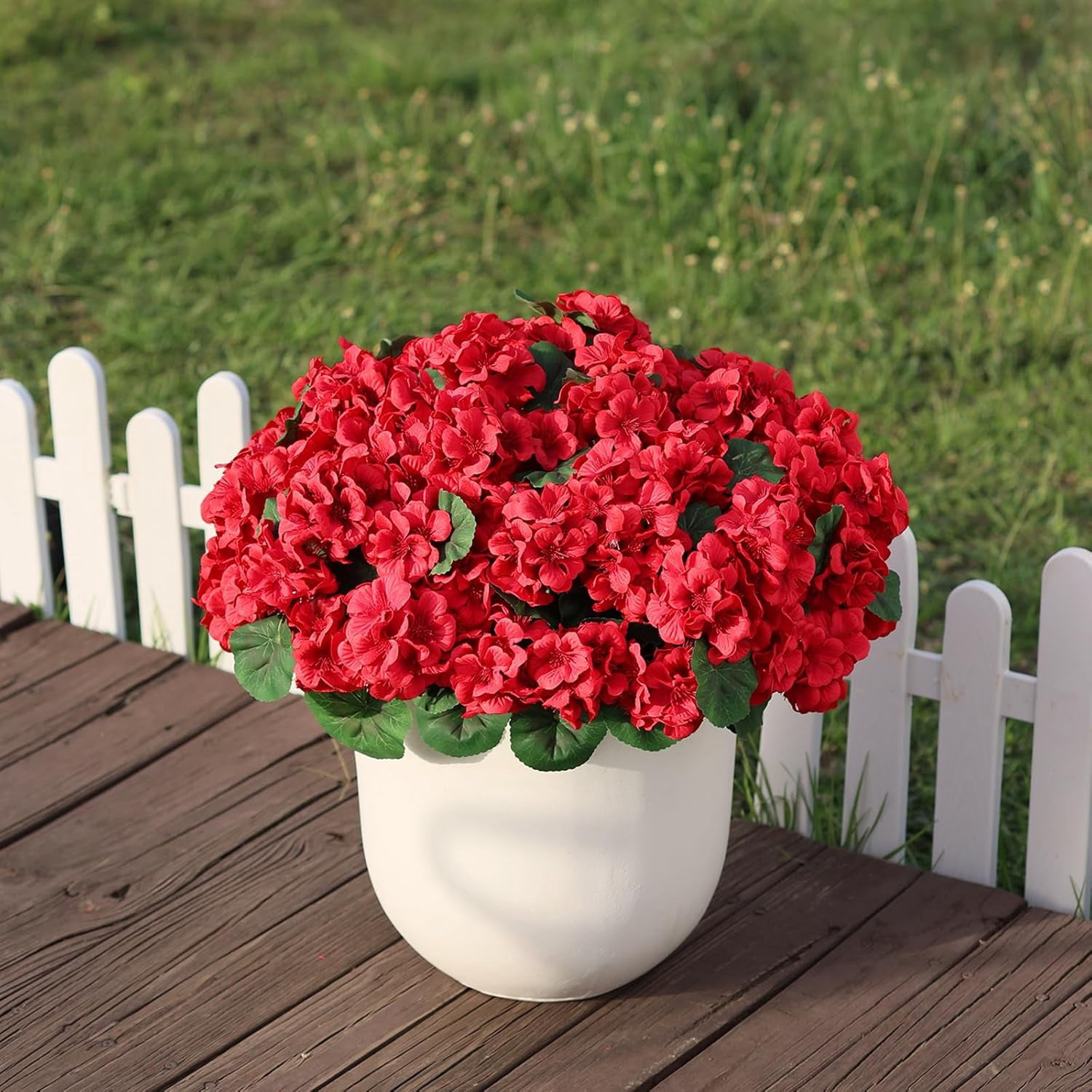 18 Inch Artificial Geranium Topiary Set of 2 - Red Silk Faux Flowers  Potted Plants for Outdoor Indoor Porch Garden Home Decor