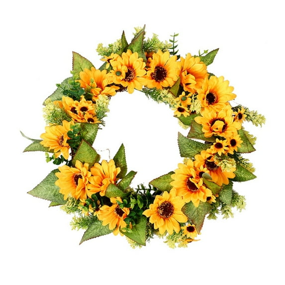 18" Artificial Sunflower Wreath Summer Fall Large Wreaths Springtime All Year Around Flower Green Leaves for Outdoor Front Door Indoor Wall Or Window Decor