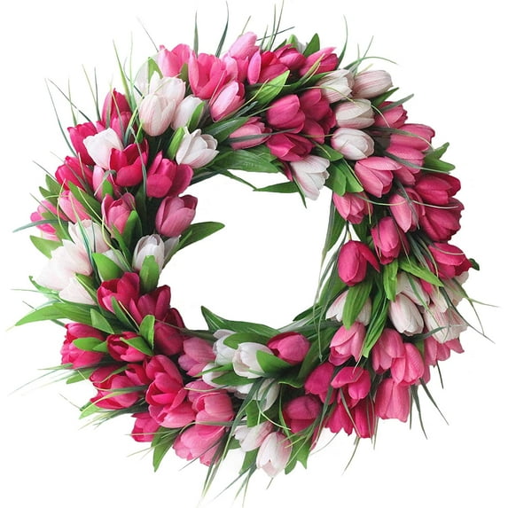 18" Artificial Tulip Flower Wreaths For Front Door Farmhouse Pink Wreath Spring Flower Branch Door Wreath For Outdoor Indoor Wall Or Window Decor Festival Decoration