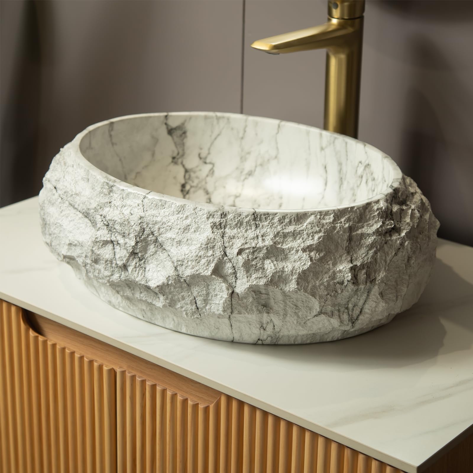 18" Artistic Stone Pattern Vessel Bathroom Sink - Irregular Oval Resin Basin，Ivory