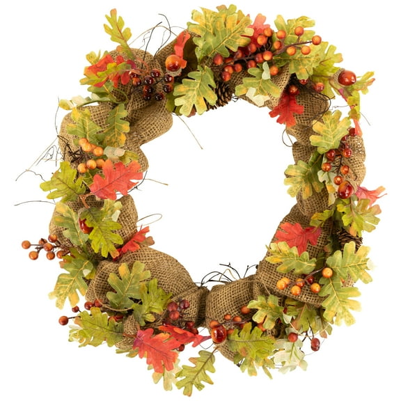 18" Autumn Harvest Decorative Artificial Berry Leaves Acorns Pinecones and Burlap Wreath - Unlit