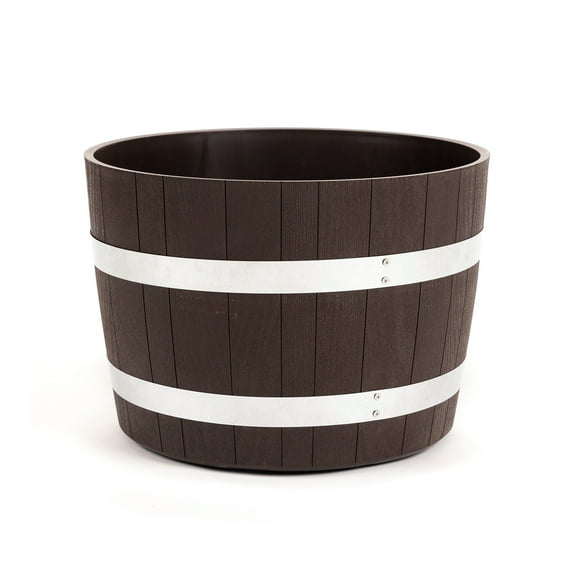 RTS Home Accents 100% Recycled Polyethylene 18 inch Heavy Duty Better Barrel Planter With Rusting Steel Bands, Walnut Color