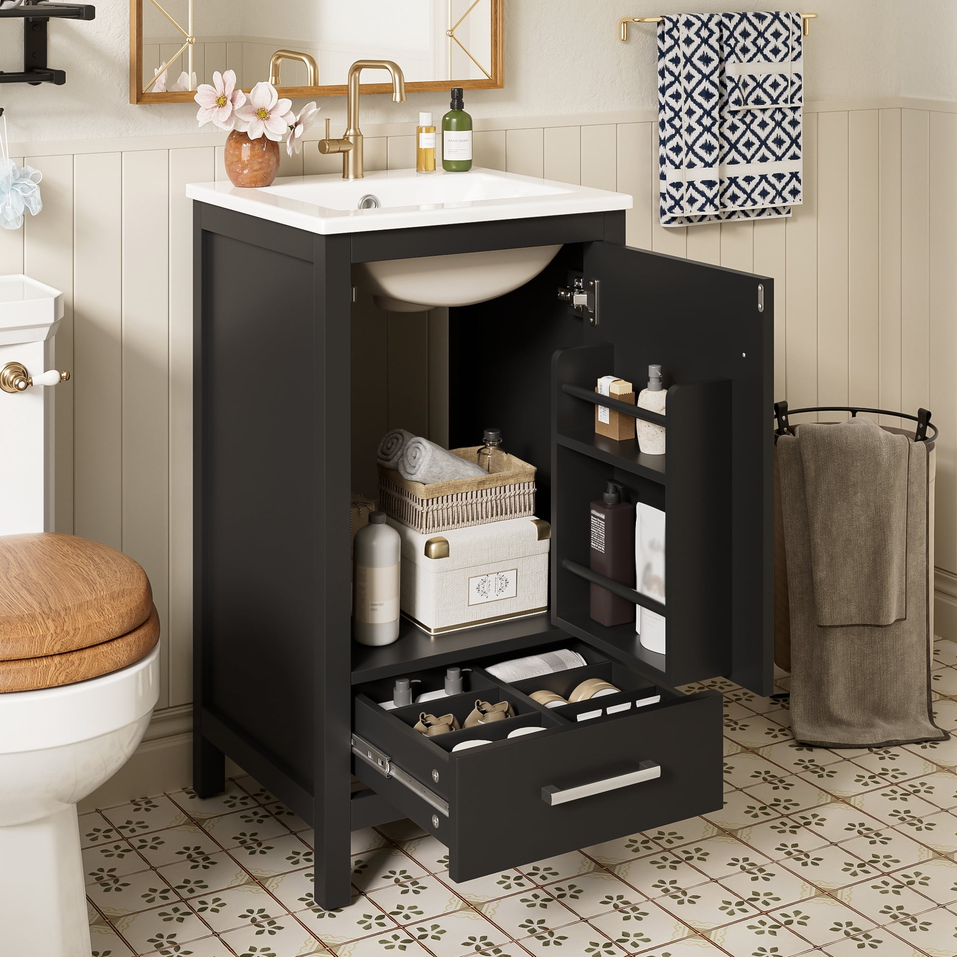 18" Bathroom Vanity with Ceramic Sink,Soft-Close Drawer & Door,Double-Layer Door Organizer, Divider Drawer,Space-Saving Storage,Black