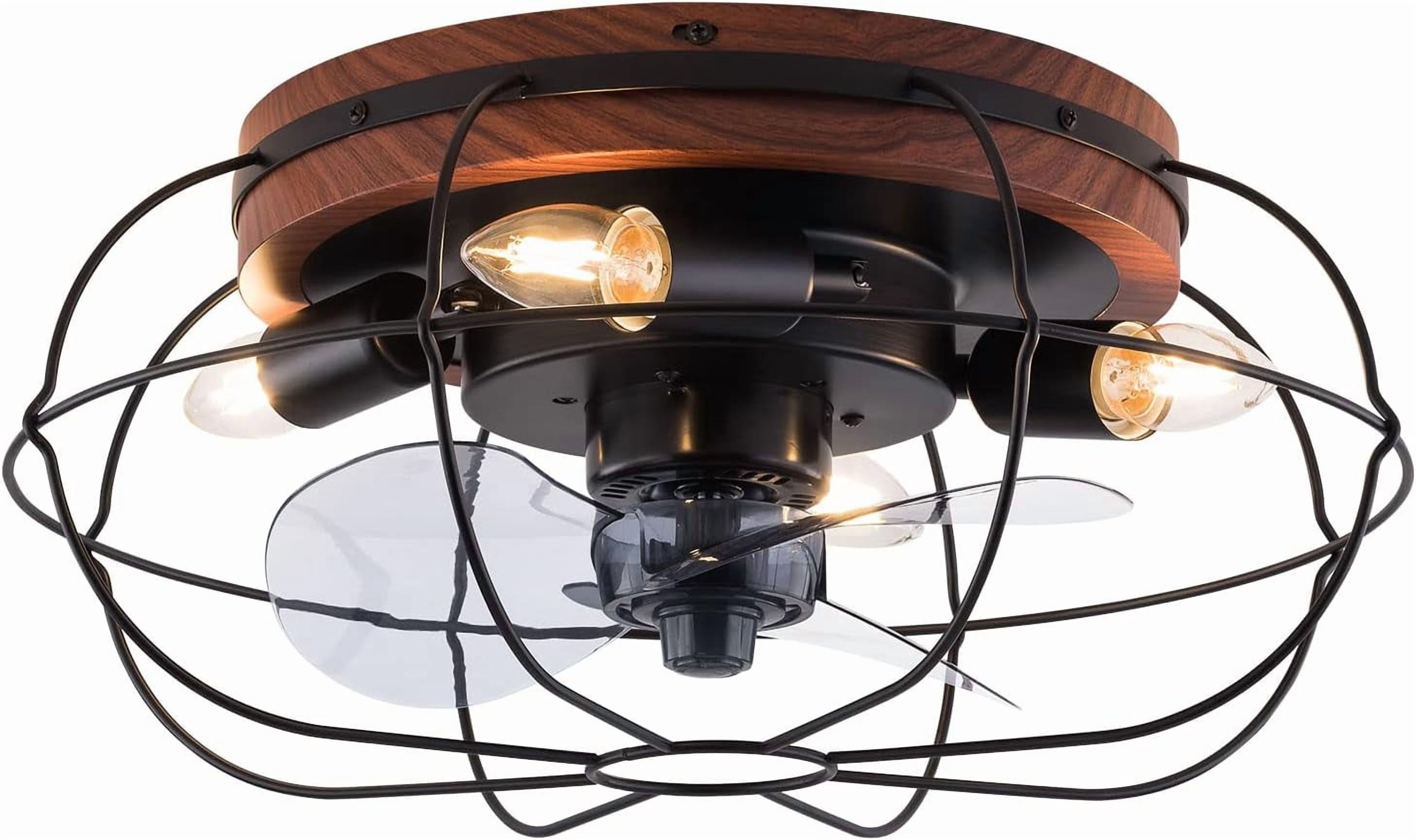 18" Black Metal Caged Ceiling Fan with Remote Modern Small Indoor Fan Light Kit Enclosed Flush Mount Fan for Bedroom Living Room, E26x4 Bulbs NOT Included
