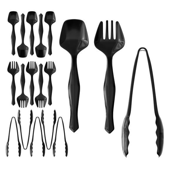 18 Black Plastic Serving Utensils Set - 6 Spoons 6 Tongs And 6 Forks Heavy Duty Disposable For Parties