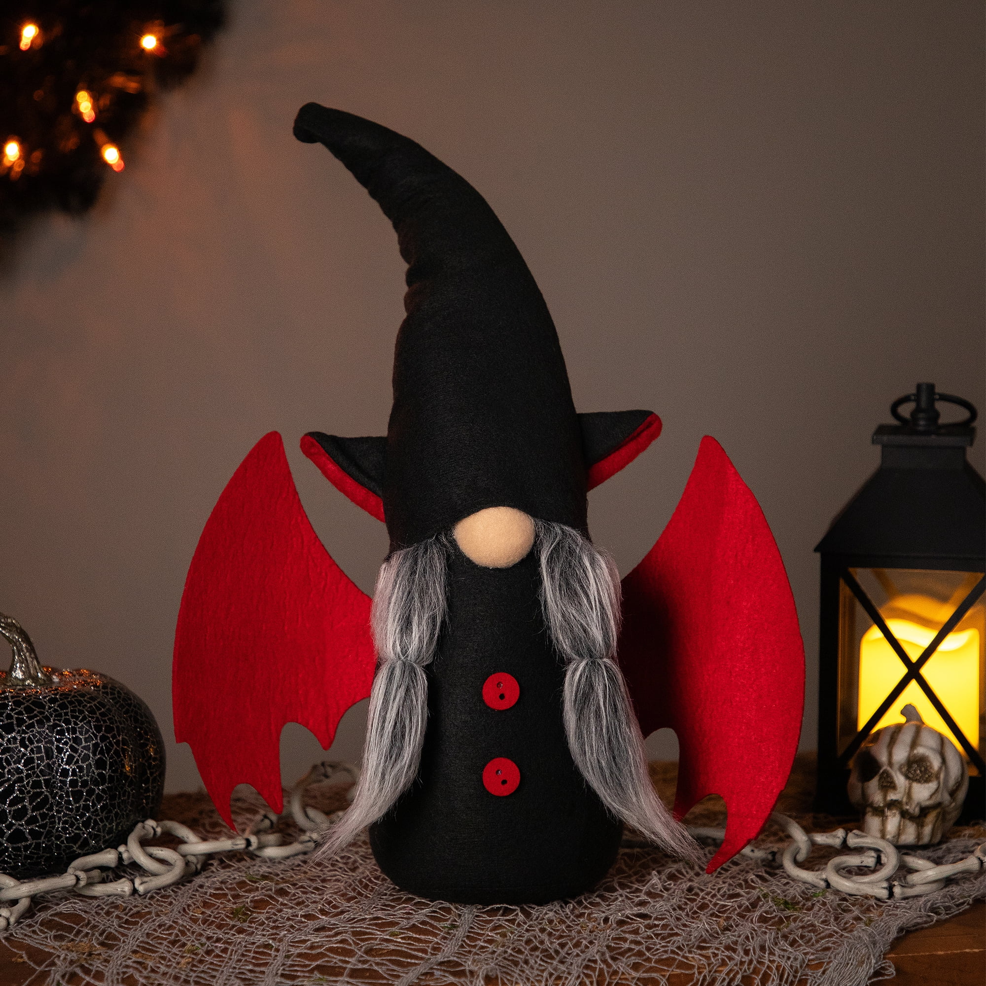 18" Black and Red Halloween Gnome with Bat Wings - Female