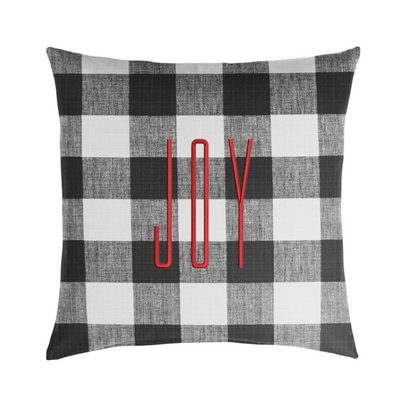 18" Black and White Plaid Single Embroidered Decorative "Joy" Square Lumbar Pillow