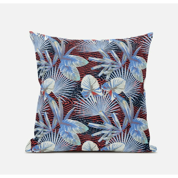 18â€ Blue Red Tropical Suede Throw Pillow