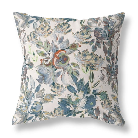 18â€ Blue White Florals Indoor Outdoor Zippered Throw Pillow