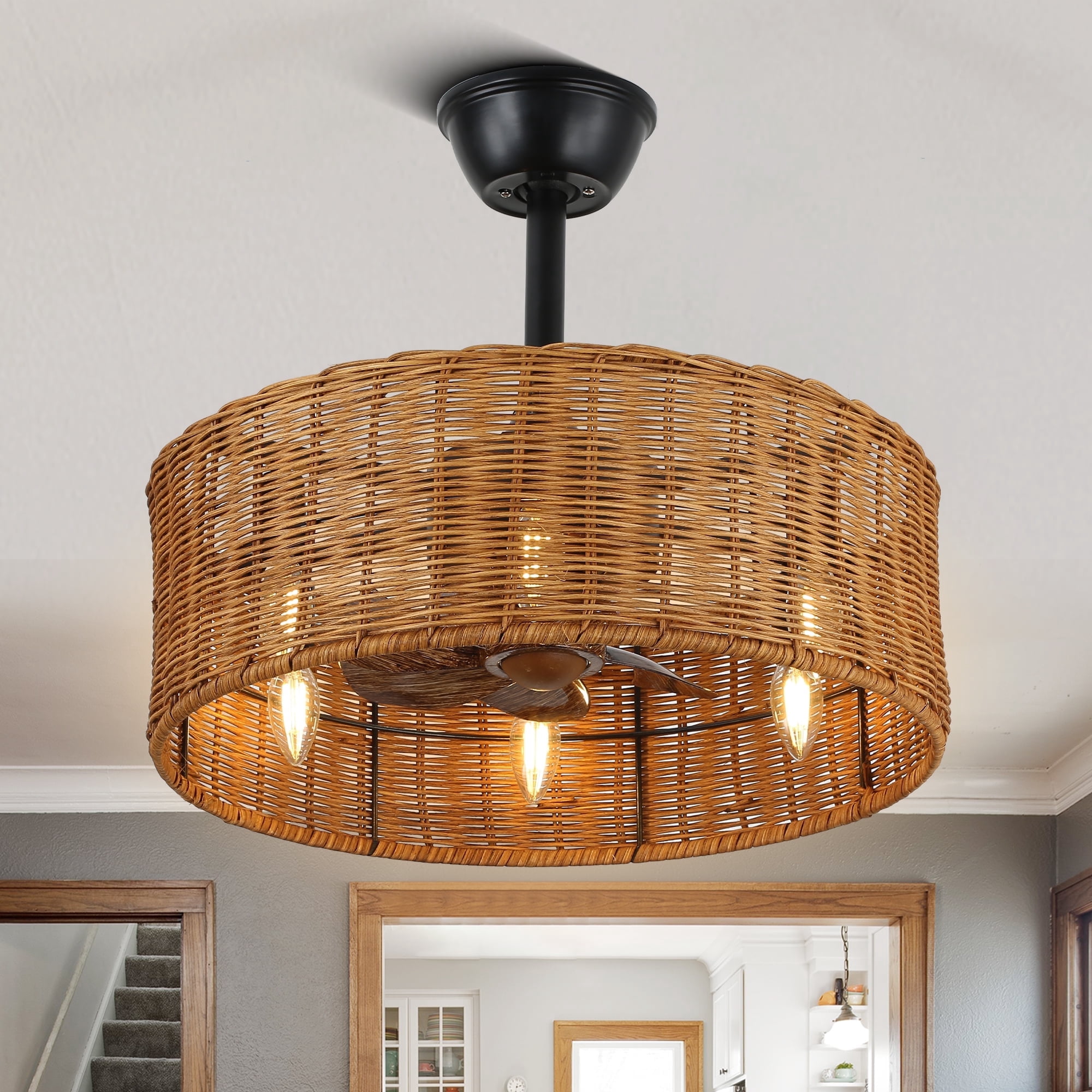 18" Bohemia Rattan Ceiling Fan with Light and Remote Control 6-speed Reversible DC Motor Farmhouse Chandelier for Bedroom