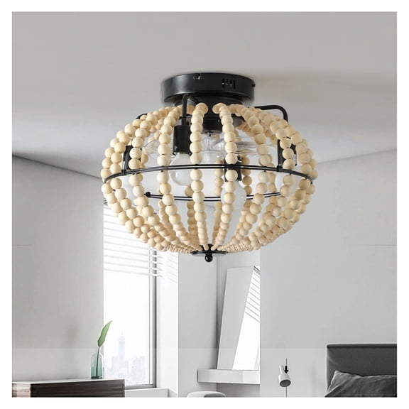 18" Bohemian Wood Beaded Ceiling Fan with Light, Flush Mount Farmhouse Fan, Rustic Caged Fan Light Fixture for Indoor Home Decor (Silent/6-Speed/Reversible)