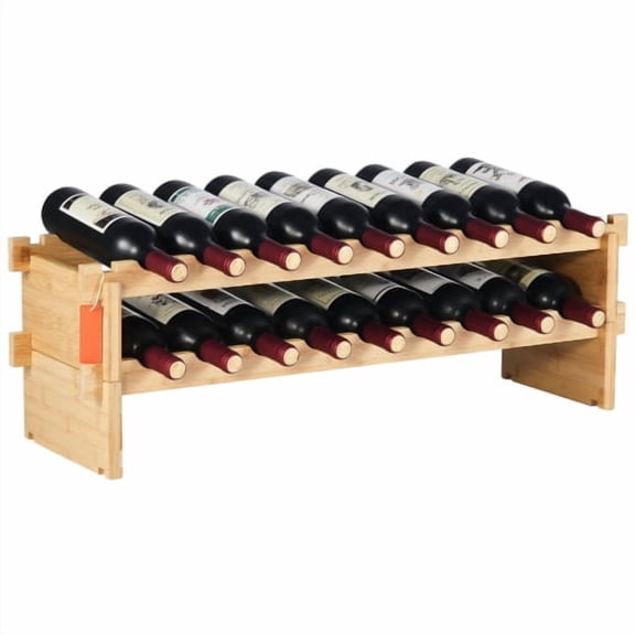 18 Bottle Stackable Modular Wine Rack, 2-Tier Solid Bamboo Wood Storage Racks, Floor Freestanding Wines Holder Display Shelf, Wobble-Free Shelves for Kitchen, Bar