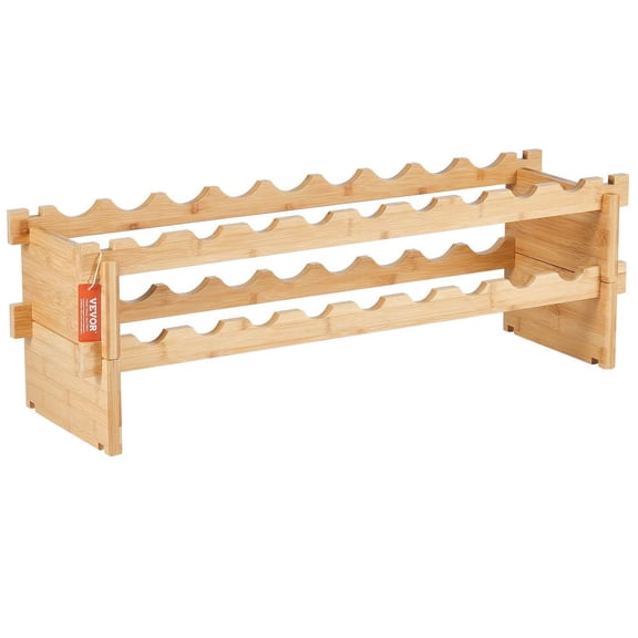 18 Bottle Stackable Modular Wine Rack, 2-Tier Solid Bamboo Wood Storage Racks, Floor Freestanding Wines Holder Display Shelf, Wobble-Free Shelves for Kitchen, Bar, and Cellar (Natural Color)