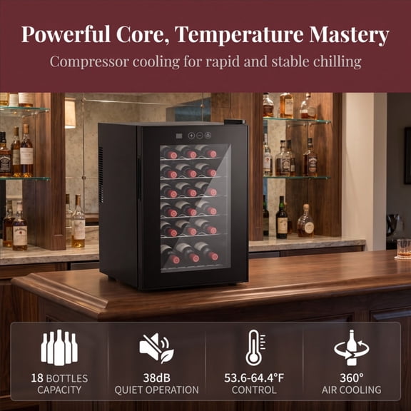 18 Bottle Wine Cooler Refrigerator,Smart Touch Control Wine Fridge,Wine Cellar with Glass Door & LED Light for Home Bar Office