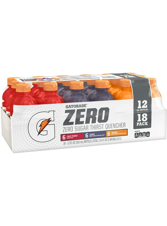 (18 Bottles) Gatorade Zero Fruit Punch, Grape and Orange Sports Drink, 12 fl oz