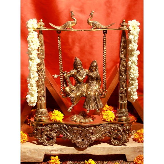 18" Brass Radha Krishna Statue on Peacock Swing | Handmade | Made In India