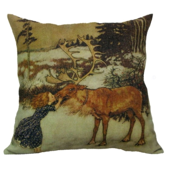 18" Brown Square Gerda and Reindeer Christmas Throw Pillow Cover