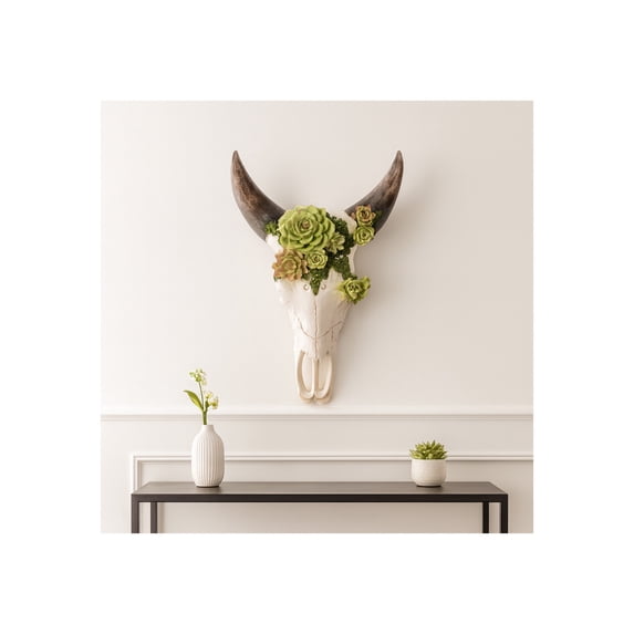 Bull Skull with Succulents for Home and Room Decor - Wall Display for Bedroom, Living Room, Office, Entryway or Hallway - Hanging Wall Art Decor Accent for Interior Display - 18", Ivory & Brown