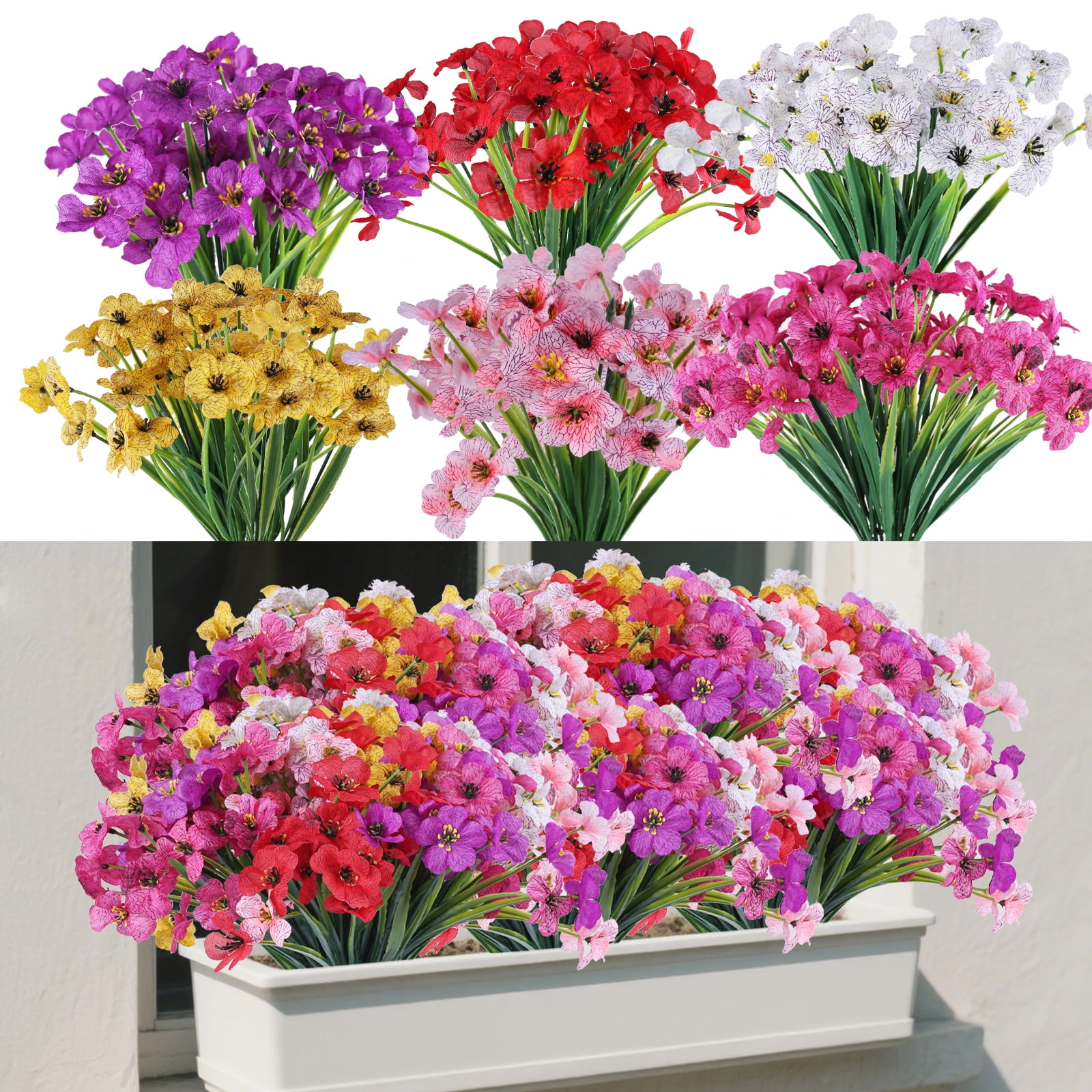 18 Bundles Artificial Flowers for Outdoor,No Fade Fake Plastic Flowers Faux Plants for Decoration Hanging Planters Indoor Outside Garden Porch Window Box Home Wedding Farmhouse