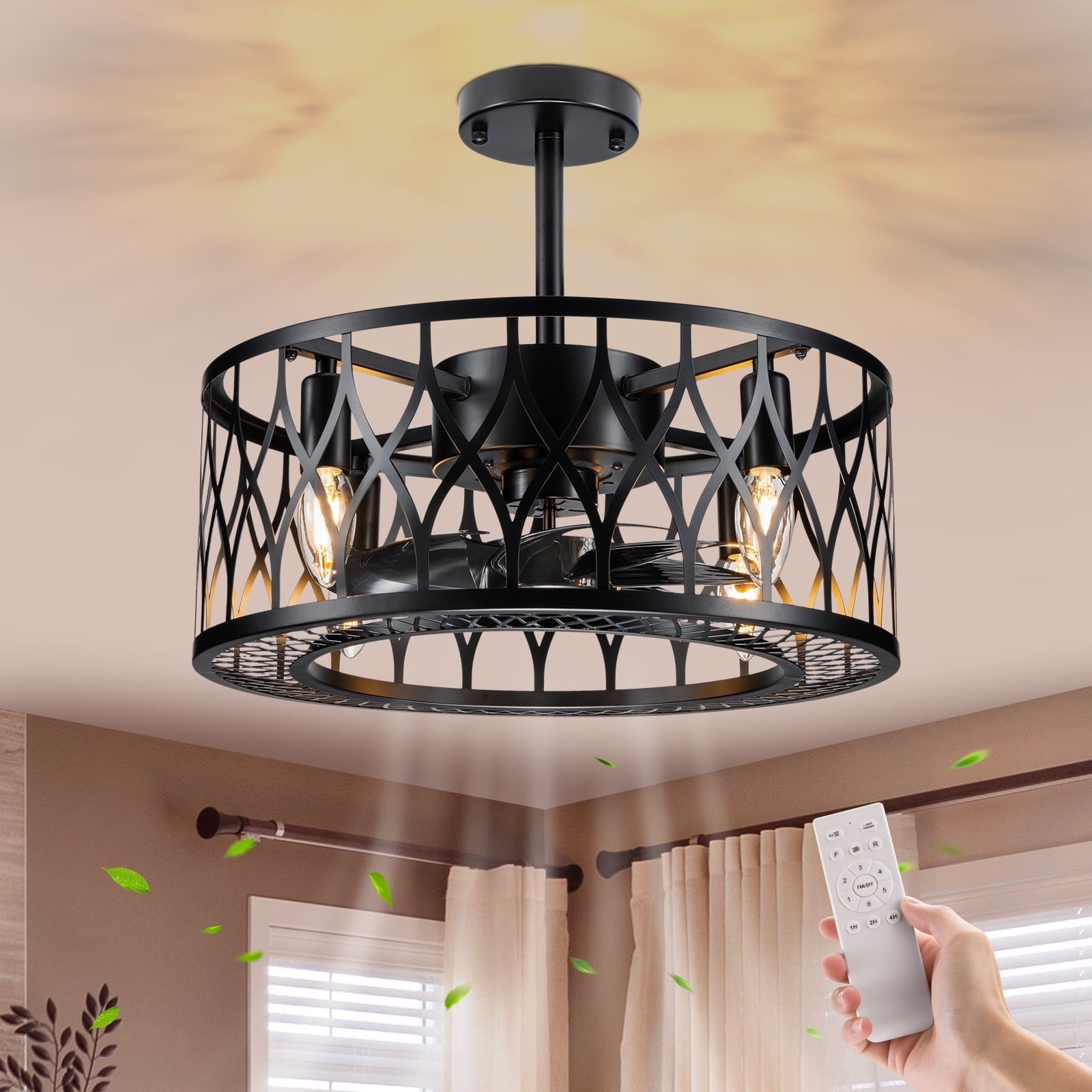 18" Matte Black Caged Ceiling Fan with Remote and Light