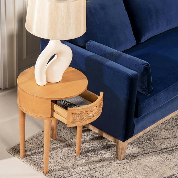 18" Cane Storage Table - Natural Brown Oak Wood Finish, Slides Drawer, Plastic Feet, For Living Room & Bedroom Accent Side Round, , And