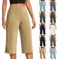 thumbnail image 1 of 18" Capri Pants for Women High Waist Wide Leg Yoga Capris with Pockets Stretchy Loose Fit Casual Workout Pull On Pants Khaki S, 1 of 7