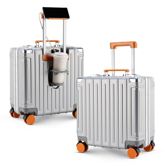 18" Carry on Luggage, Zipperless Aluminum Frame Hardside Suitcase with TSA Lock, USB Charging Port & 360° Spinner Wheels, Silver