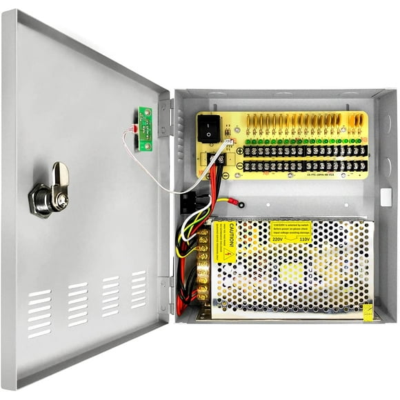 18 Channel 12 Volt DC Output 20A CCTV Distributed Power Supply Box for Security Camera with AC Plug and Lock for Security Cameras, DVRs, CCTV Power Supply