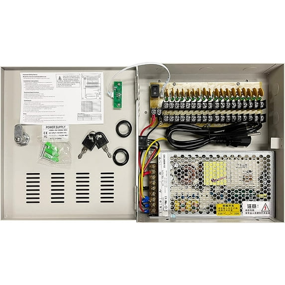 18 Channel 18 Port Power Box Security Camera 12V DC 20A Amp CCTV DVR Power Supply Switch Box Key Locked LED Light Full Metal Housing