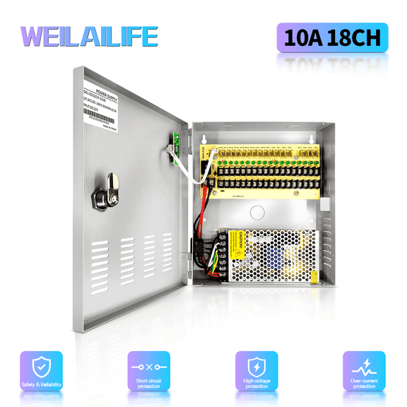 18-Channel DC 12-Volt 10-Amp Output CCTV Distributed Security Camera Power Supply Box/Converter with AC Plug and Lock for CCTV Cameras,IP Cameras,DVR Surveillance System.(10A 18-Channel)