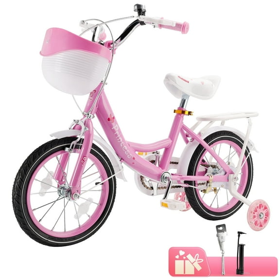 Girls Bike for Toddlers and Kids Ages 4-9 Years Old, 16 18 Inch Kids Bike with Flashing Training Wheels & Basket,Girls Bicycle with Handbrake & Kickstand, Pink/Purple