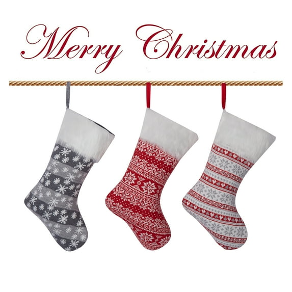 18" Christmas Stockings 3-Pack, Snowflake Plush Stockings, Xmas Stockings, Personalized Large Knitted Christmas Hanging Stockings for Staircase Fireplace Hanging Christmas Home Decor