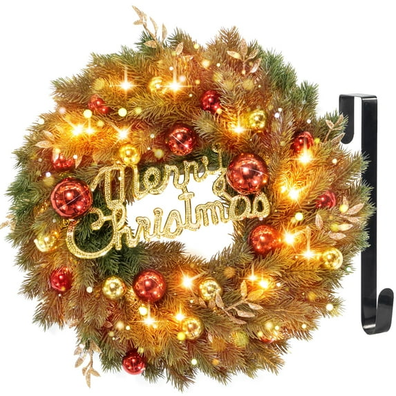 18’’ Christmas Wreath with Hanger & Timer - Pre-Lit Lighted Christmas Wreaths for Front Door with 40 LED Lights & Merry Christmas Ornaments Decorations for Window Outdoor Wall
