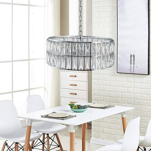 18" Chrome Modern Crystal Drum Chandelier, 6-Light Pendant Lighting Fixture with Metal Frame for Living Room, Dining Room, and Bedroom (Bulbs Not Included)