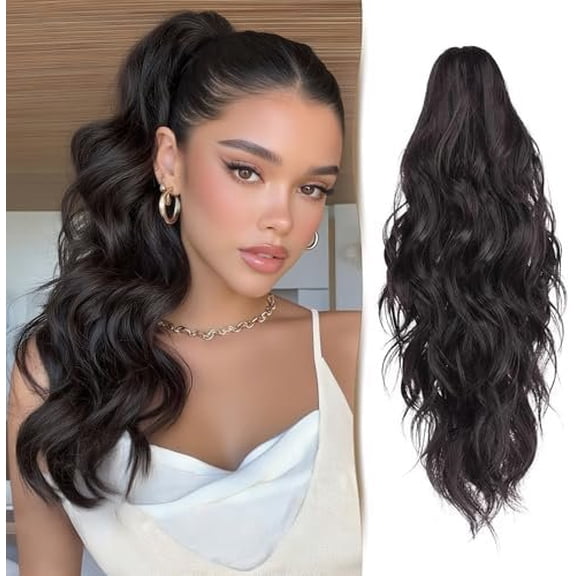 18" Claw Clip in Hair Extensions Ponytail Wig Curly Pony Tails Long Wavy Straight Pony Tail Synthetic Jaw Clip Ponytails Hair Hairpiece for Women - Black Ponytail Extension