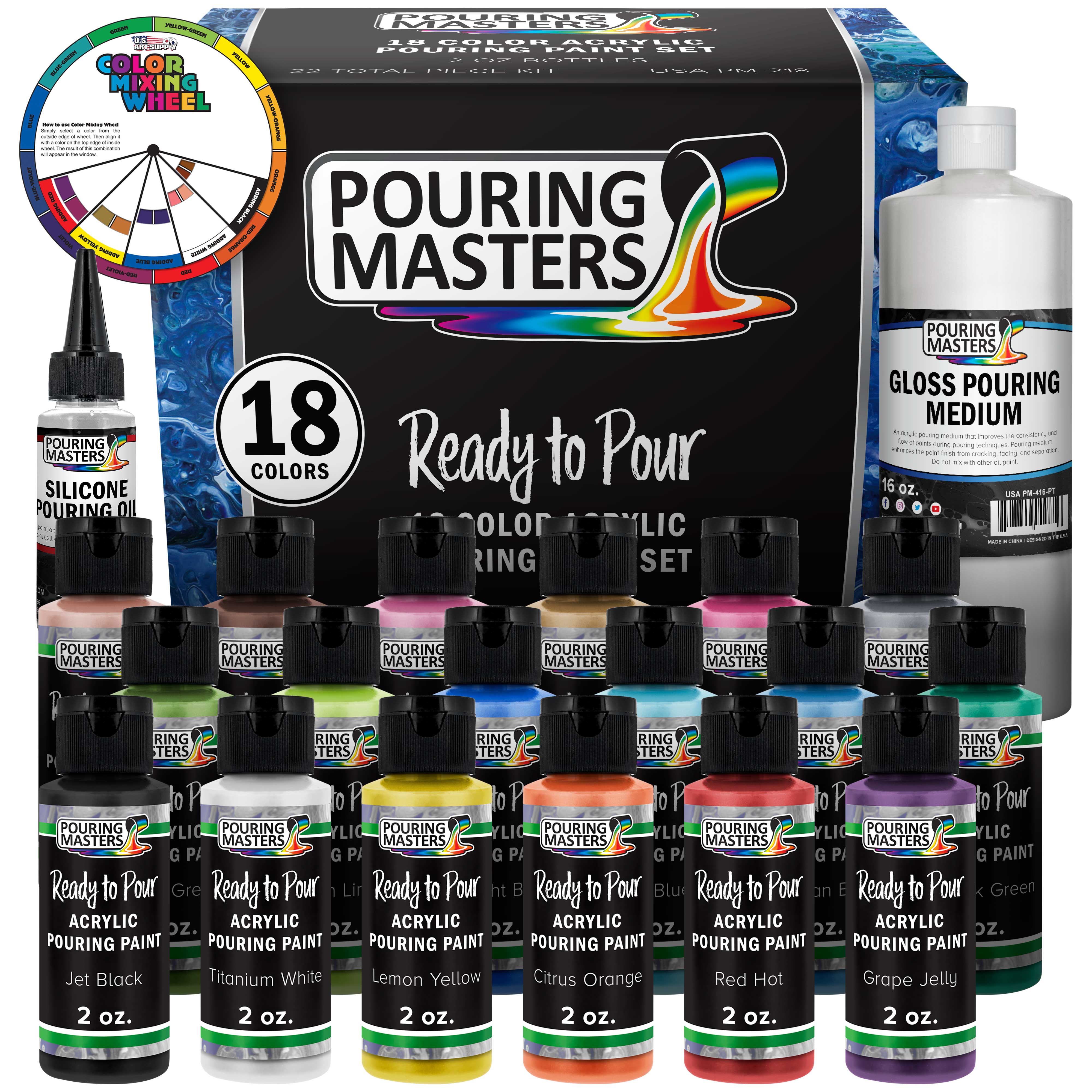 18 Color Ready to Pour Acrylic Pouring Paint Set - Premium Pre-Mixed High Flow 2-Ounce Bottles - for Canvas, Wood, Paper, Crafts, Tile, Rocks and More - image 1 of 7