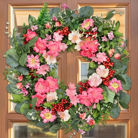 18" Colorful Wildflower Spring Summer Wreath with Green Leaves, Floral Artificial Wreath for Front Door, Home, Wall, Wedding, Farmhouse & Holiday Outdoor Indoor Decor (Pink)